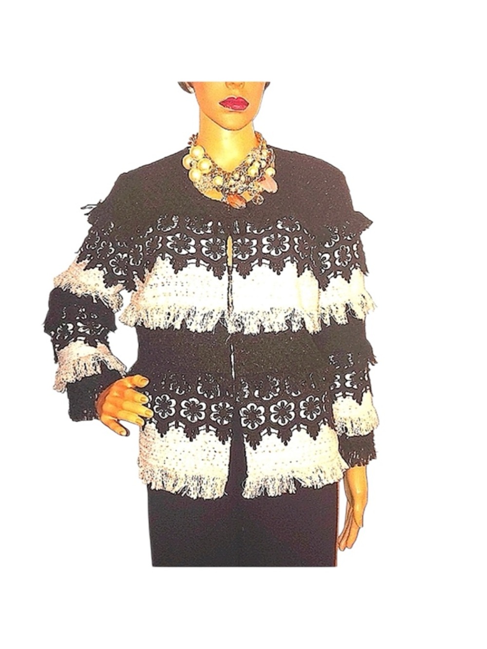 Boston Proper Black & Cream Fringe Lace-Trim Jacket